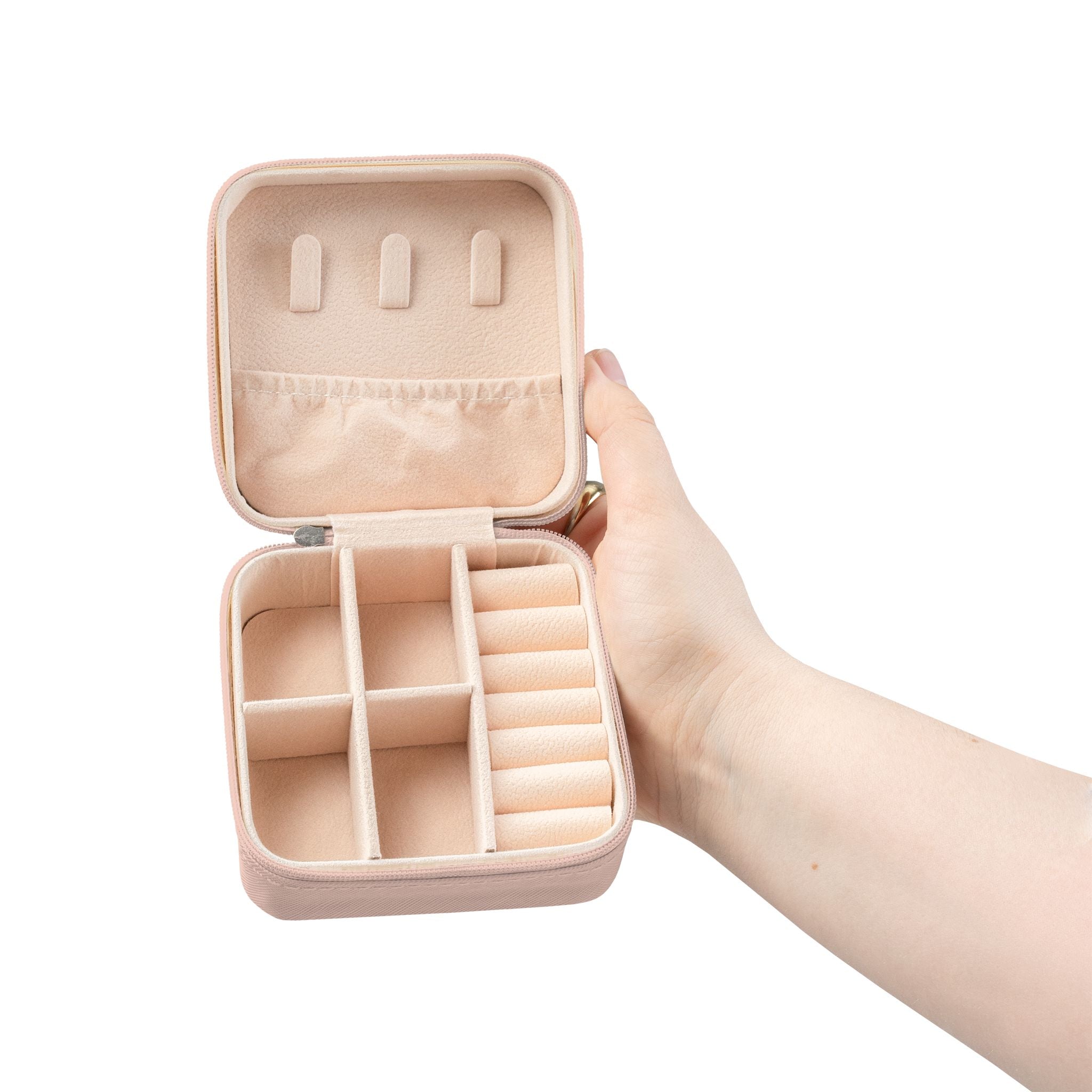 Compact Pink Jewelry Travel Organizer — Portable Case with Ring Slots & Compartments