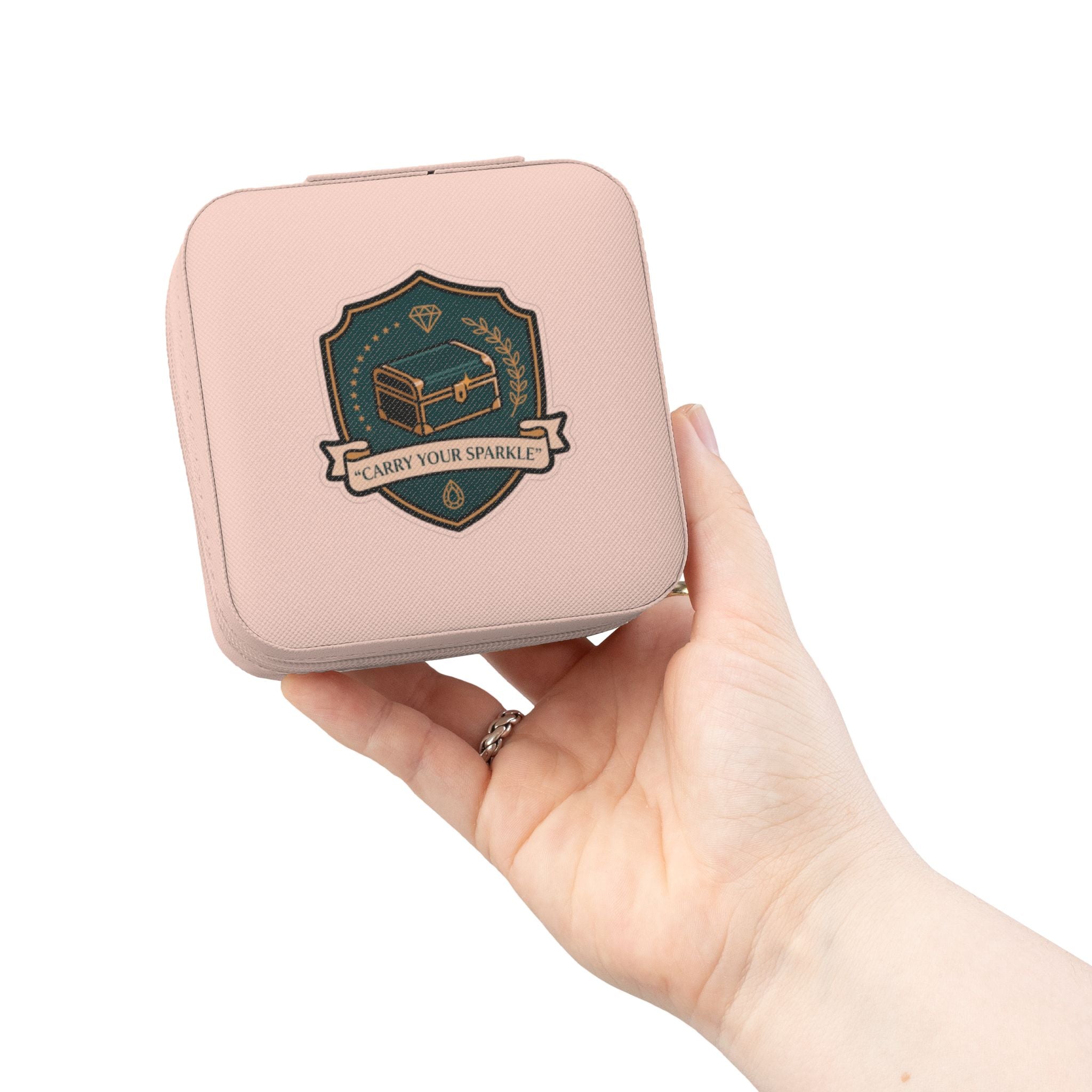 Compact Pink Jewelry Travel Organizer — Portable Case with Ring Slots & Compartments