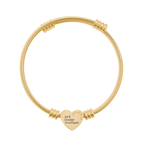 Engravable Heart Cuff Bracelet — Personalized Cable Wire Bangle (Silver or Gold)